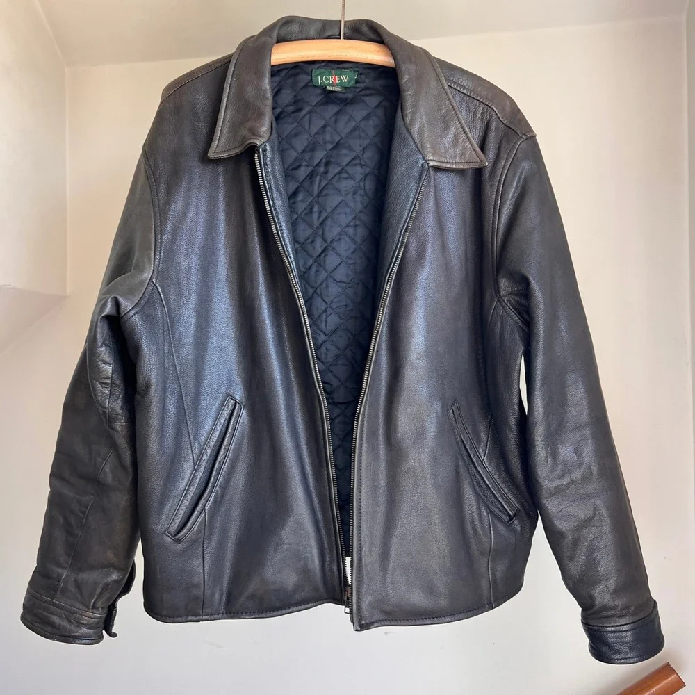 Vintage J. Crew Leather Jacket Size L Brown 90s Oarsman Full Zip Bomber Coat